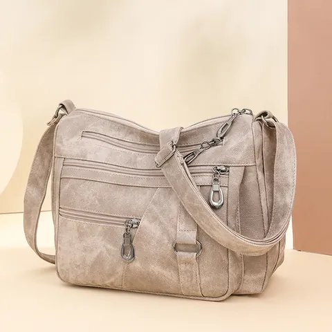 Bolso Bandolera de Cuero PU Vintage para Mujer Gran Capacidad Bolsillos con Cremallera de Varias Capas Bolso Impermeable