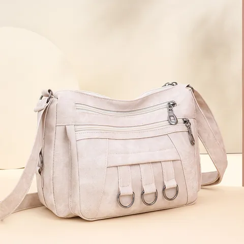 Bolso de Hombro de Cuero PU Suave Vintage para Mujer con Múltiples Bolsillos Bolso Bandolera de Gran Capacidad con Decoración de Anillo de Metal Bolso de Mano de Moda