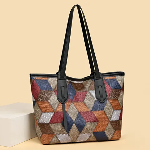 Damen Geometrische Patchwork Tragetasche Große Kapazität PU Leder Umhängetasche Mode Geprägte Handtasche Für Den Alltag Pendeln