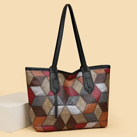 Damen Geometrische Patchwork Tragetasche Große Kapazität PU Leder Umhängetasche Mode Geprägte Handtasche Für Den Alltag Pendeln