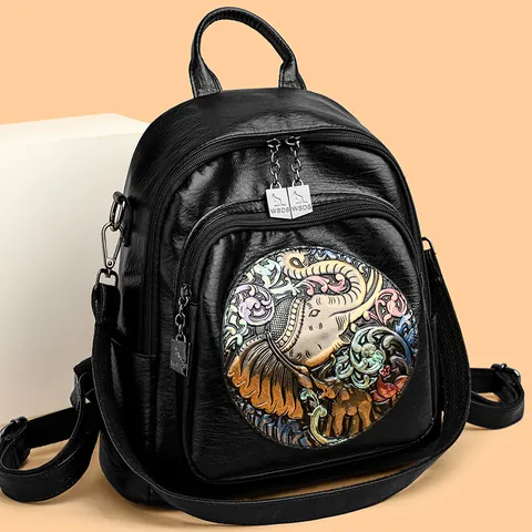 Dames Mode Samengesteld Koeienleer Olifant Reliëf Rugzak Meerdere Zakken Waterbestendig Reizen Casual Tas
