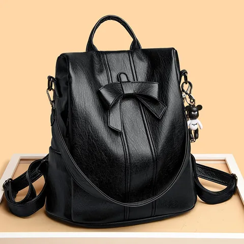 Damen Diebstahlsicherer Rucksack Kunstleder Große Kapazität Reisetasche Mit Schleifendekoration Und Bärenanhänger Mode Umhängetasche Handtasche