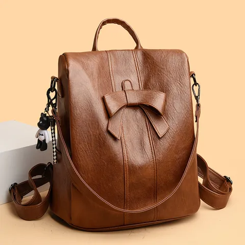 Damen Diebstahlsicherer Rucksack Kunstleder Große Kapazität Reisetasche Mit Schleifendekoration Und Bärenanhänger Mode Umhängetasche Handtasche