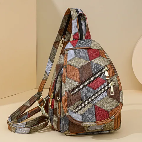 Sac de Poitrine Vintage en Cuir PU Patchwork pour Femmes Motif Crocodile Géométrique Sac à Dos Bandoulière Multifonction