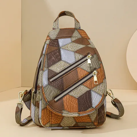 Sac de Poitrine Vintage en Cuir PU Patchwork pour Femmes Motif Crocodile Géométrique Sac à Dos Bandoulière Multifonction