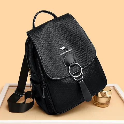 Zaino da Donna alla Moda in Pelle PU Trama Litchi Cuciture a Contrasto Grande Capacità Anello in Metallo Borsa Scuola Casual