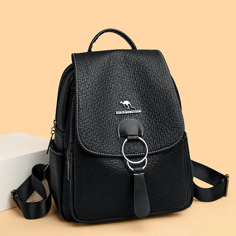 Zaino da Donna alla Moda in Pelle PU Trama Litchi Cuciture a Contrasto Grande Capacità Anello in Metallo Borsa Scuola Casual