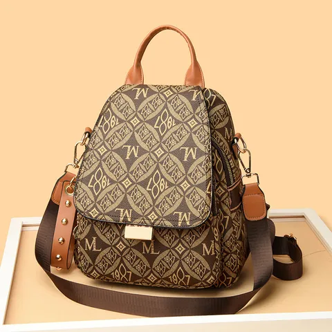 Vintage Monogram Women's Backpack Large Capacity PVC Synthetic Leather Schoolbag With Rivets Fashion Travel Rucksack Brown