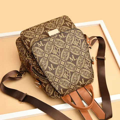 Vintage Monogram Women's Backpack Large Capacity PVC Synthetic Leather Schoolbag With Rivets Fashion Travel Rucksack Brown