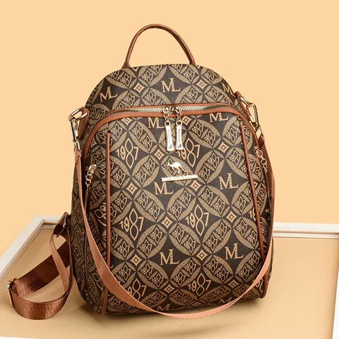 Vintage Women Monogram Print Backpack Waterproof PVC Large Capacity Travel Rucksack Fashion Multi Pocket School Bag