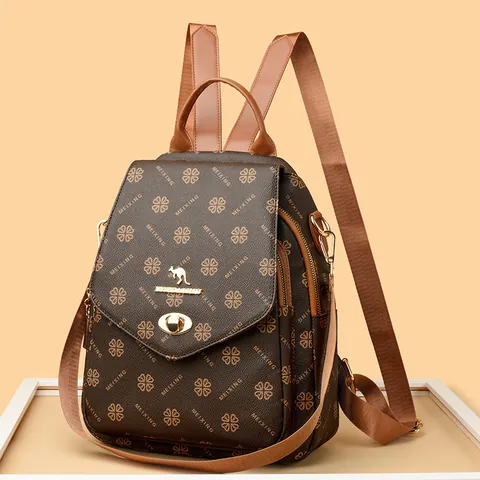 Women Fashion Monogram Backpack PVC Material Anti-theft Lock Retro Printing Kangaroo Logo Multi-pocket Travel Daypack Ladies Gift