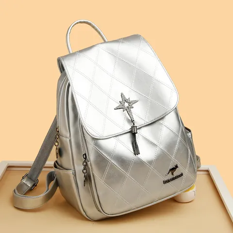 Women Fashion Quilted Backpack Star Rhinestone Tassel Daypack Composite Leather Rhombic Pattern Travel Shoulder Bag Gift