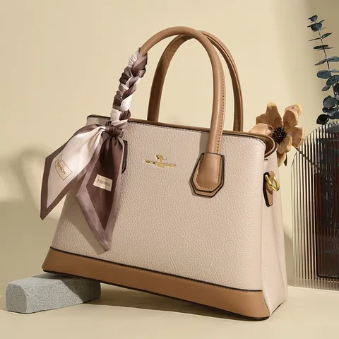 Women Luxury Lychee Pattern Split Leather Handbag Elegant Color Block Commuter Tote Bag With Scarf Decor Shoulder Handbag