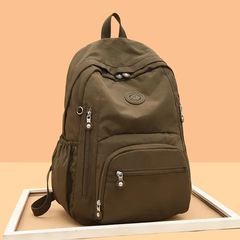 Women's Casual Nylon Backpack Water Resistant Multi Pocket Large Capacity Travel School Rucksack With Trolley Sleeve Urban Streetwear Bag
