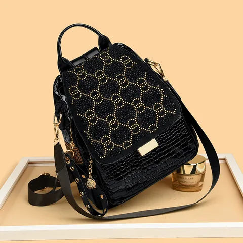 Damen Fashion Punk Nieten Rucksack Krokodilmuster PU Leder Schultasche Wasserdicht Strass Stern Große Kapazität Reisetasche