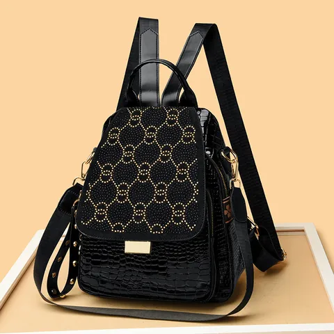 Damen Fashion Punk Nieten Rucksack Krokodilmuster PU Leder Schultasche Wasserdicht Strass Stern Große Kapazität Reisetasche