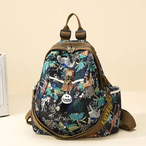 Zaino da Donna alla Moda con Stampa Graffiti Impermeabile in Tessuto Oxford Borsa da Viaggio Scolastica con Ciondolo Smiley Multi Tasche