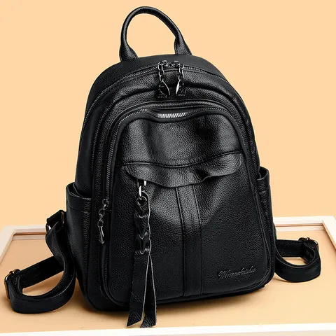 Women Cowhide Leather Backpack Fashion Lychee Grain Travel Bag Tassel Woven Zipper Pull Casual Daypack Functional School Bag