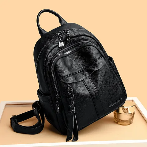 Women Cowhide Leather Backpack Fashion Lychee Grain Travel Bag Tassel Woven Zipper Pull Casual Daypack Functional School Bag