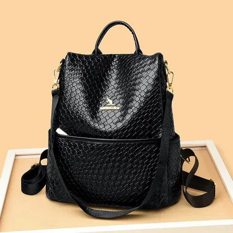 Fashion Women Woven Texture Backpack Anti-theft Large Capacity PU Leather School Bag Vintage Print Letter Travel Rucksack