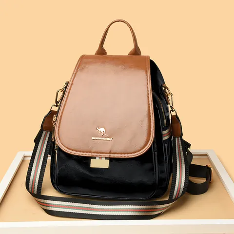 Mochila de Cuero de Vaca para Mujer de Moda Bolso de Viaje Multifuncional de Color de Contraste con Correa a Rayas Antirrobo