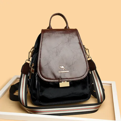 Mochila de Cuero de Vaca para Mujer de Moda Bolso de Viaje Multifuncional de Color de Contraste con Correa a Rayas Antirrobo