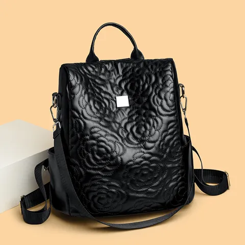 Women Quilted Rose Embroidery PU Leather Backpack Multi-Functional Anti-Theft Travel Bag Fashion Black Casual School Bag