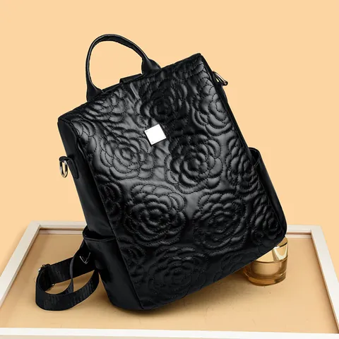 Women Quilted Rose Embroidery PU Leather Backpack Multi-Functional Anti-Theft Travel Bag Fashion Black Casual School Bag
