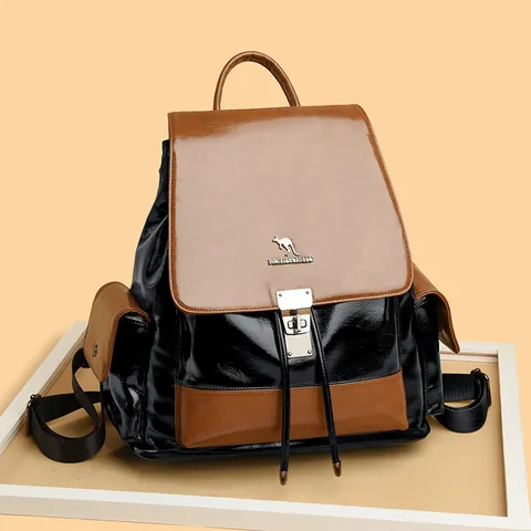 Mochila de Mujer de Piel Auténtica de Vaca Color de Contraste Cordón Antirrobo Cerradura Gran Capacidad Bolso de Viaje