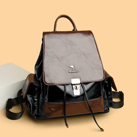 Mochila de Mujer de Piel Auténtica de Vaca Color de Contraste Cordón Antirrobo Cerradura Gran Capacidad Bolso de Viaje