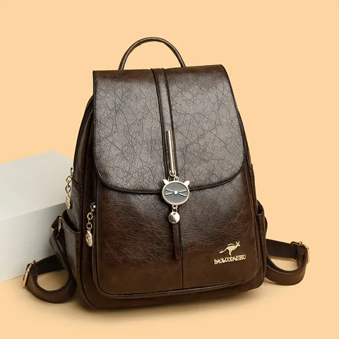 Mochila Retro De Cuero Compuesto Para Mujer Textura Lichi Colgante Motivo Animal Antirrobo Moda Viaje Bolsa Escolar Gran Capacidad