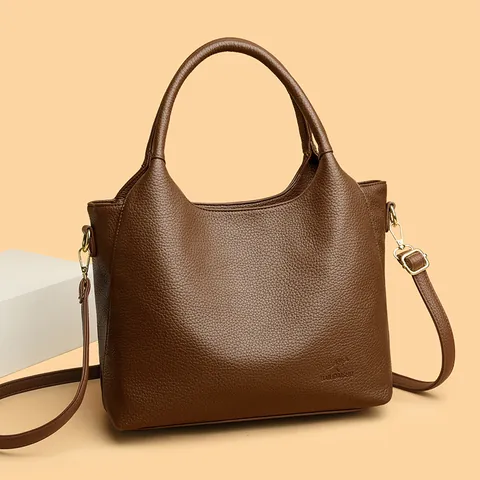 Women Genuine Cowhide Leather Tote Handbag Lychee Texture Large Capacity Shoulder Bag With Adjustable Strap For Office Daily