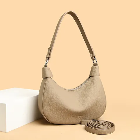 Women Crescent Hobo Bag Genuine Leather Lychee Texture Shoulder Bag With Adjustable Strap Elegant Fashion Minimalist Handbag