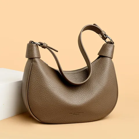 Women Crescent Hobo Bag Genuine Leather Lychee Texture Shoulder Bag With Adjustable Strap Elegant Fashion Minimalist Handbag