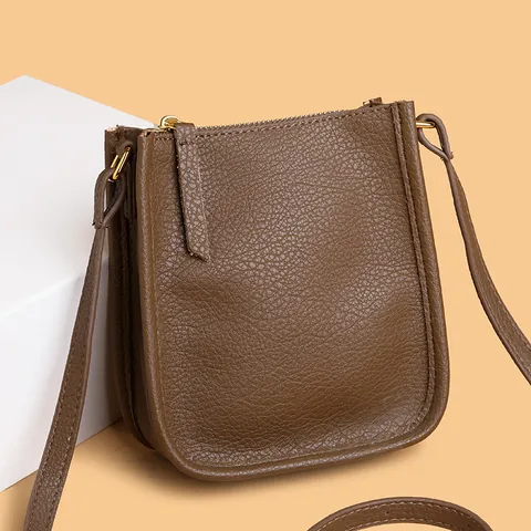 Women Genuine Leather Crossbody Phone Bag Minimalist Lychee Texture Small Shoulder Bag With Gold Zipper Fashion Daily Bag