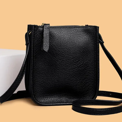 Women Genuine Leather Crossbody Phone Bag Minimalist Lychee Texture Small Shoulder Bag With Gold Zipper Fashion Daily Bag
