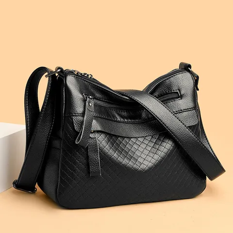 Genuine Leather Women Crossbody Bag Rhombic Checkerboard Pattern Multi Zipper Shoulder Bag Large Capacity Casual Handbag
