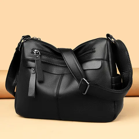 Women's Genuine Leather Crossbody Bag Litchi Grain Multiple Zipper Pockets Casual Shoulder Bag Medium Capacity Handbag