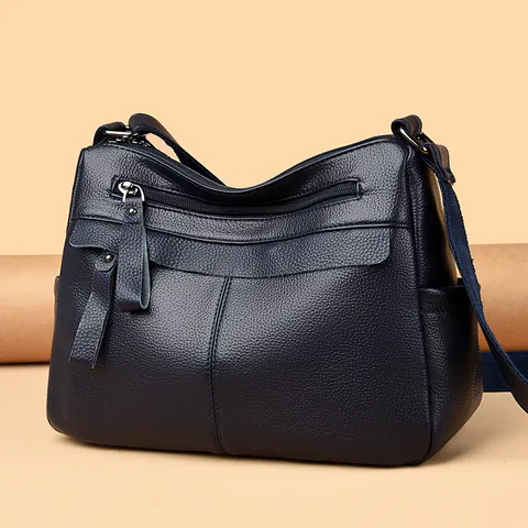 Women's Genuine Leather Crossbody Bag Litchi Grain Multiple Zipper Pockets Casual Shoulder Bag Medium Capacity Handbag