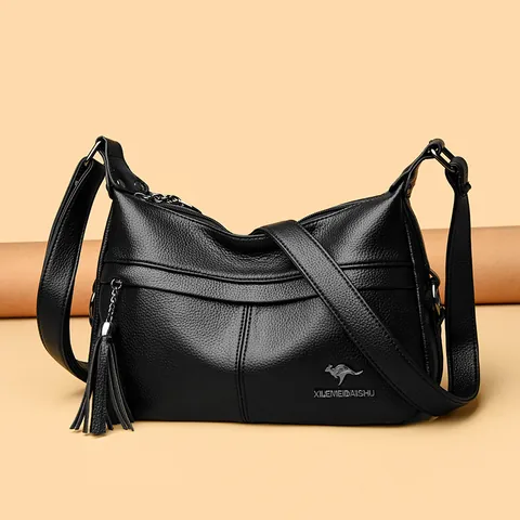 Women's Luxury Litchi Grain Composite Cowhide Shoulder Bag With Tassel Kangaroo Logo Crossbody Bag For Daily Commuting