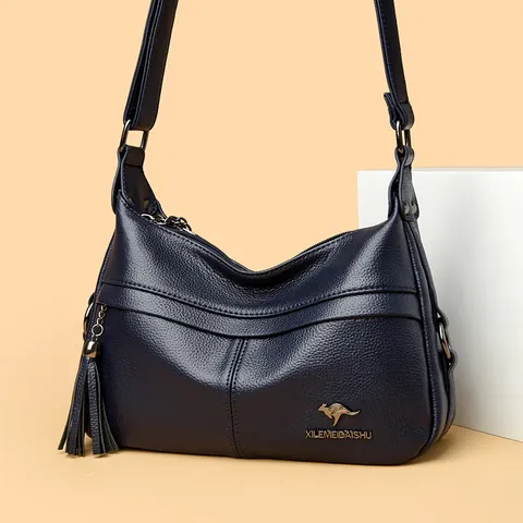 Women's Luxury Litchi Grain Composite Cowhide Shoulder Bag With Tassel Kangaroo Logo Crossbody Bag For Daily Commuting