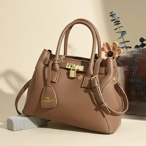 Elegant Pebbled Cow Leather Handbag For Women Birkin Style Golden Lock Decoration Top Handle Commuter Shoulder Bag
