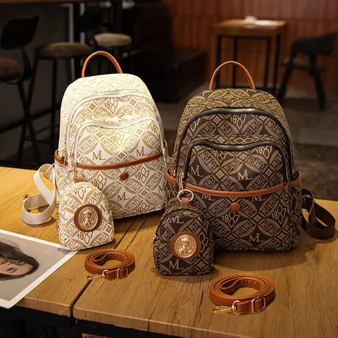 Vintage Monogram Letter Print Backpack Set For Women PVC Waterproof Travel Bag With Mini Coin Purse Rhinestone Decoration