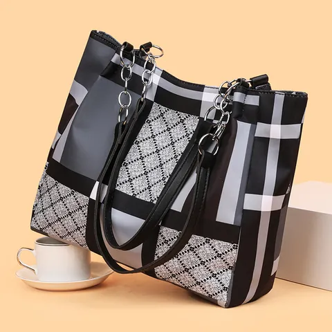 Damen Geometrisches Muster Shopper-Tasche Oxford-Gewebe Große Kapazität Handtasche Mit Kette Modisch Lässig Pendeltasche