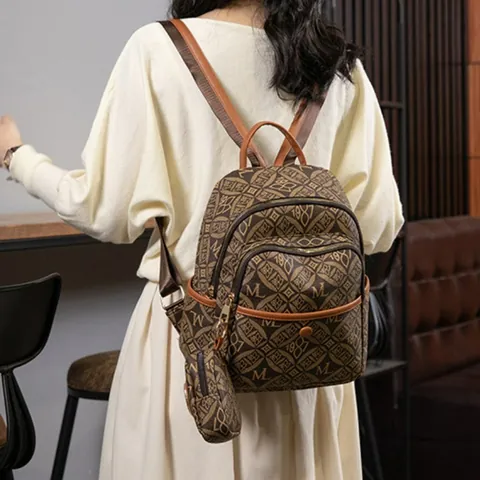 Vintage Monogram Letter Print Backpack Set For Women PVC Waterproof Travel Bag With Mini Coin Purse Rhinestone Decoration