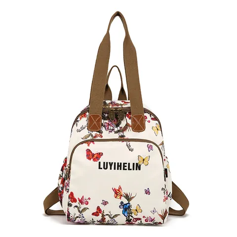 Vintage Floral Butterfly Print Nylon Backpack For Women Large Capacity Waterproof Fashion Travel School Daypack Multi Pocket