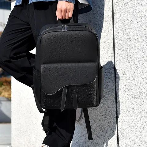 Men Business Casual Woven Synthetic Leather Backpack Waterproof Laptop Bag Travel School Bag With Saddle Flap Design Black Fashion Daypack