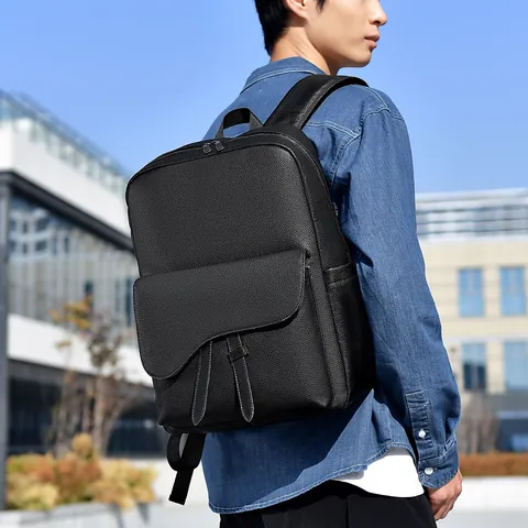 Men Business Casual Woven Synthetic Leather Backpack Waterproof Laptop Bag Travel School Bag With Saddle Flap Design Black Fashion Daypack