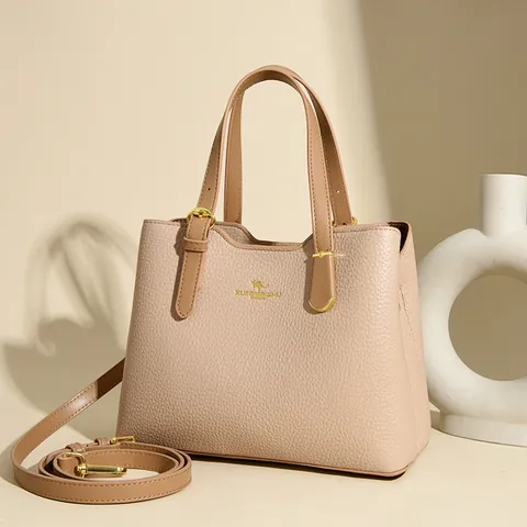 Women Genuine Leather Litchi Texture Handbag Kangaroo Logo Elegant Commuter Shoulder Crossbody Bag With Adjustable Strap