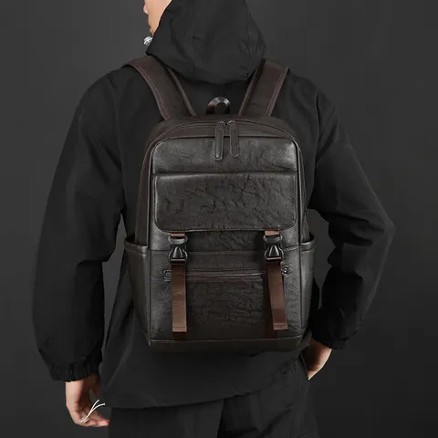 Sac à Dos Business pour Hommes en Cuir PU Imperméable Sac pour Ordinateur Portable 15,6 Pouces Motif Litchi Vintage Grande Capacité Sac à Dos de Voyage